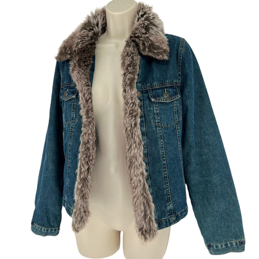 Vintage Blanc Noir Faded Denim Jacket Faux Fur Collar Womens Med