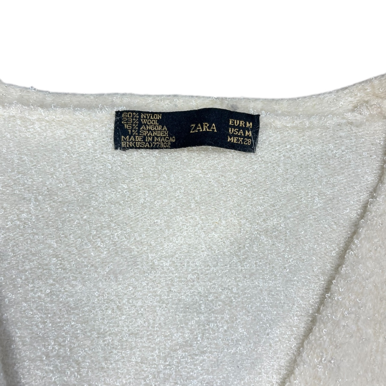 Vintage Zara Cream Longsleeve Cardigan Nylon Wool Angora Blend Women’s Medium Mother of Pearl Buttons