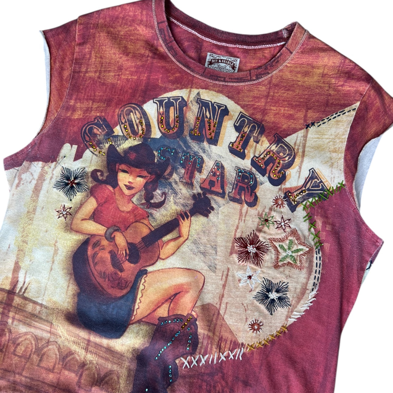 Y2K Bit & Bridle All Over Print Cowgirl Country Star Rhinestone Embroidered Shortsleeve Top Women’s Med