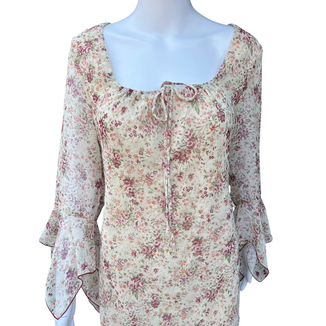 90s Studio Y Sheer Floral Scoop Neck Midi Dress Flared Sleeves Women’s 13 Made in USA