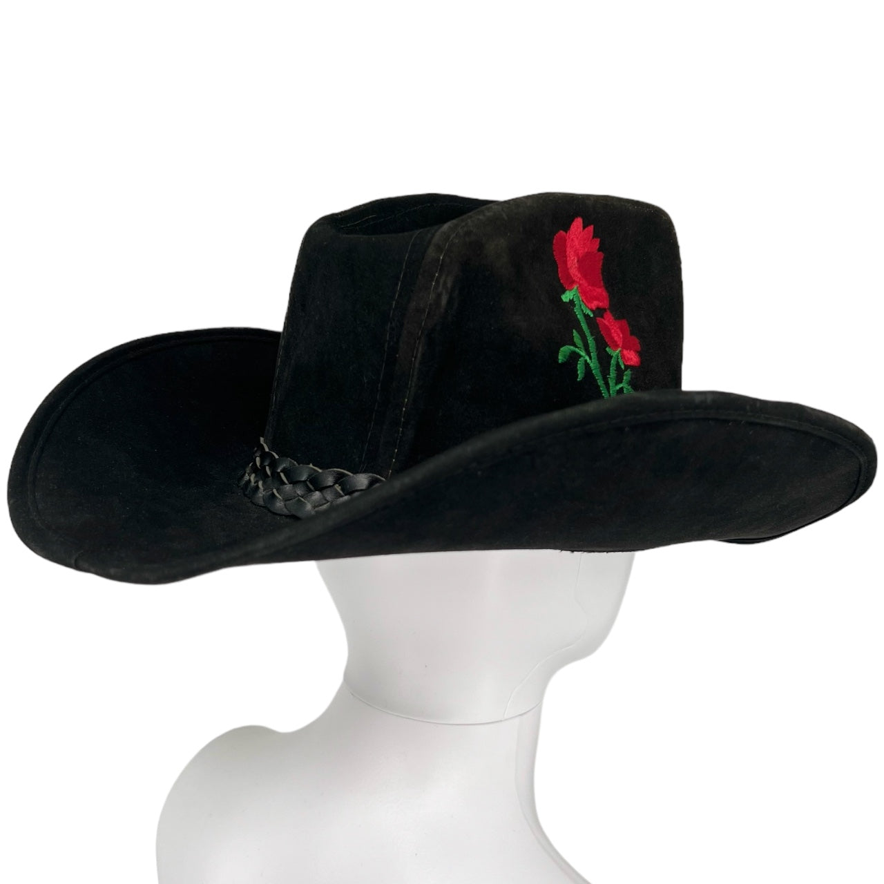 Vintage Black Suede Embroidered Floral Cowboy Hat United Hatters Cap Millinery Union Made Sz Large