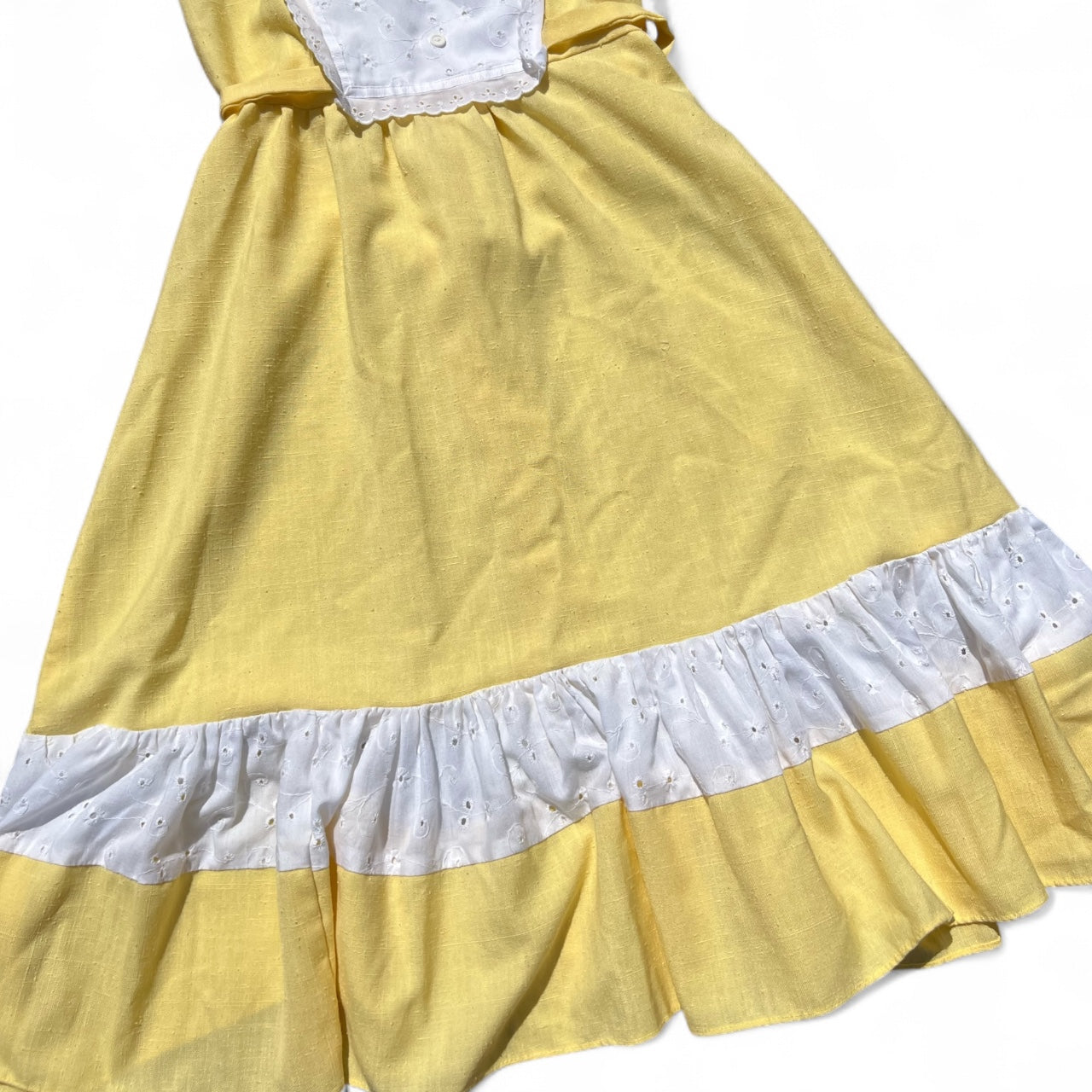 70s Handmade Yellow Eyelet Prairie Dress Midi Waist Tie Women’s M/L Made in USA
