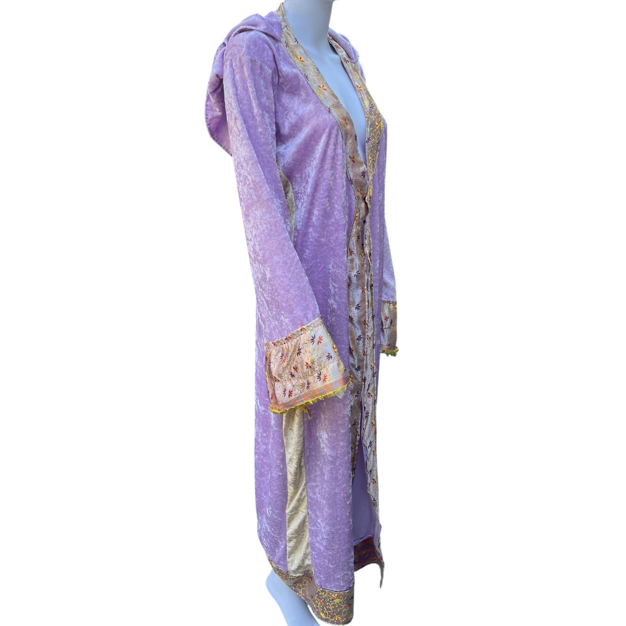 Vintage Handmade Lavender Crushed Velvet Velour Hooded Robe Beaded Fringe Medieval Renn Faire One Size