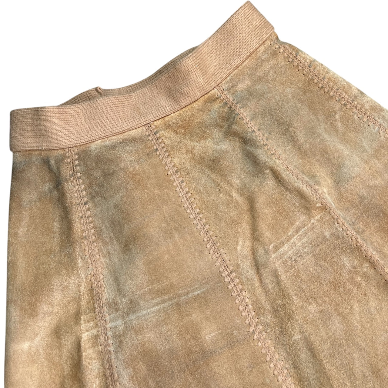 Vintage 60s 70s Suede Acrylic Knit Patchwork Leather Midi Skirt A-Line Women’s 15/16