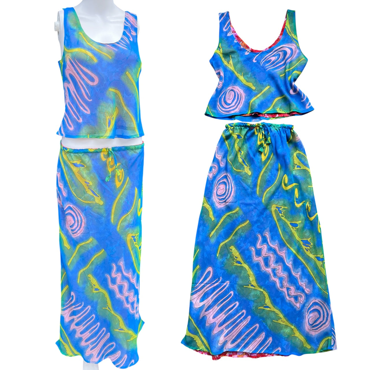 Vintage Reversible 2 Pc. Chiffon Tank Top Skirt Set Abstract Floral Print Women’s S/M