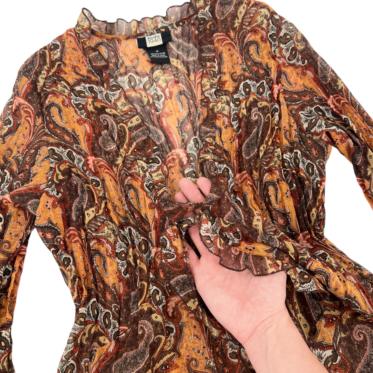 Vintage 90s Studio 1940 Orange Paisley Sheer Cardigan Flared Sleeves Crinkle Lettuce Hem Women’s M