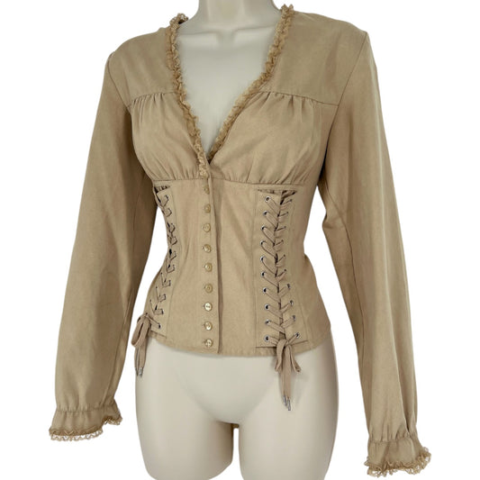 Vintage Y2K Moda International Tan Faux Suede Lace Up Corset Longsleeve Top Womens Small