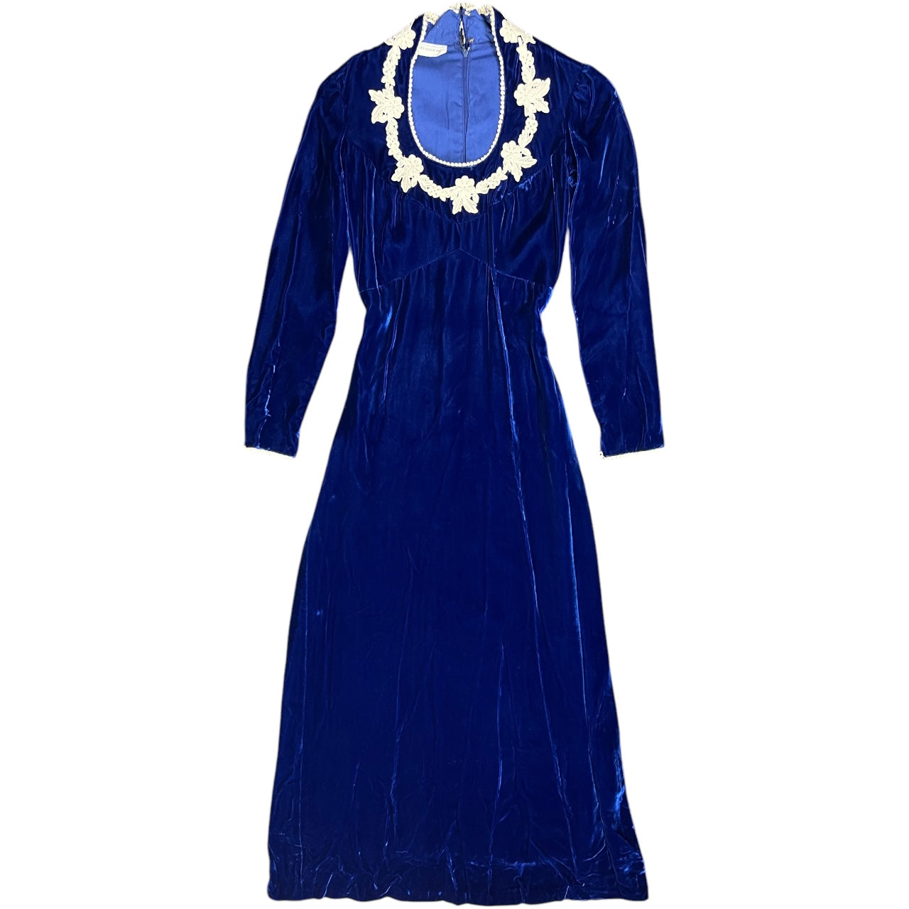 Vintage 60s 70s Medieval Revival Sapphire Velvet Gown Queen Anne Collar White Lace Sz 8