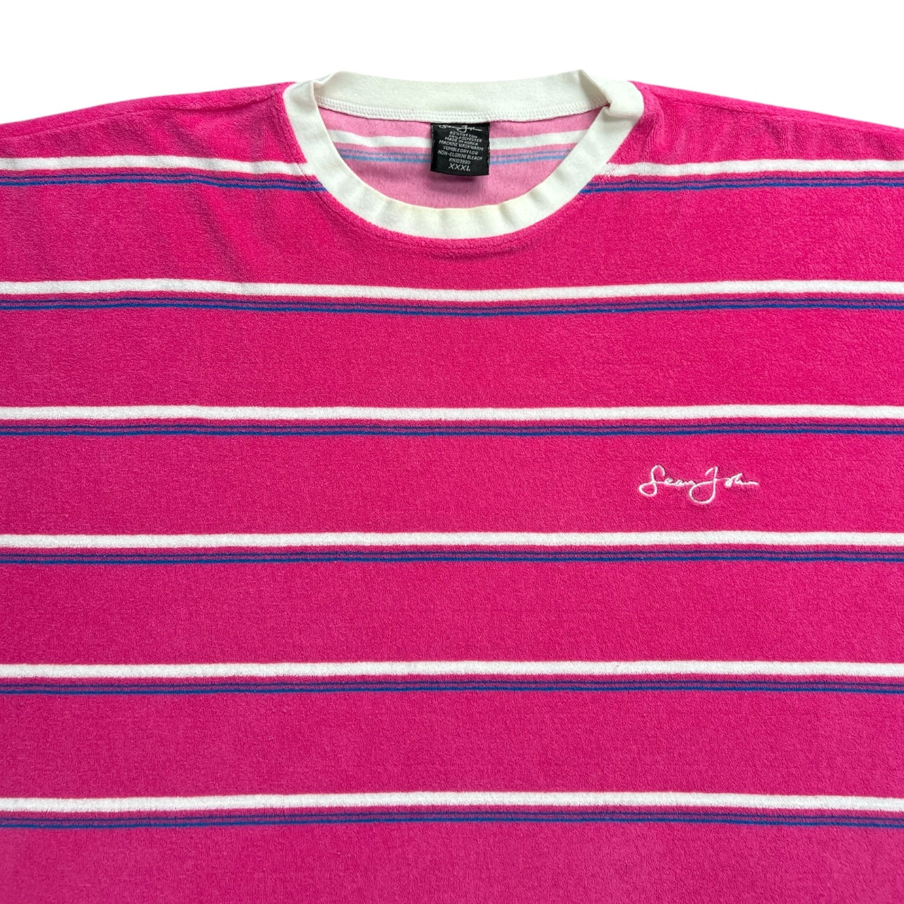 Vintage Y2K Sean John Pink Striped Towel Terry Cloth Baggy Crewneck T-Shirt Embroidered Men’s 3XL