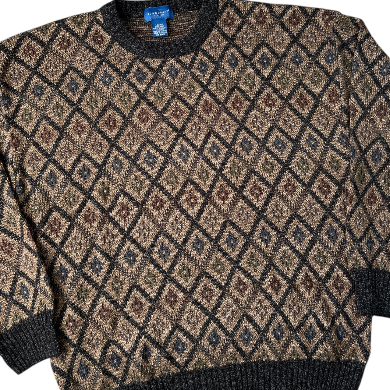 90s Towncraft Brown Diamond Pattern Crewneck Sweater Men’s Large