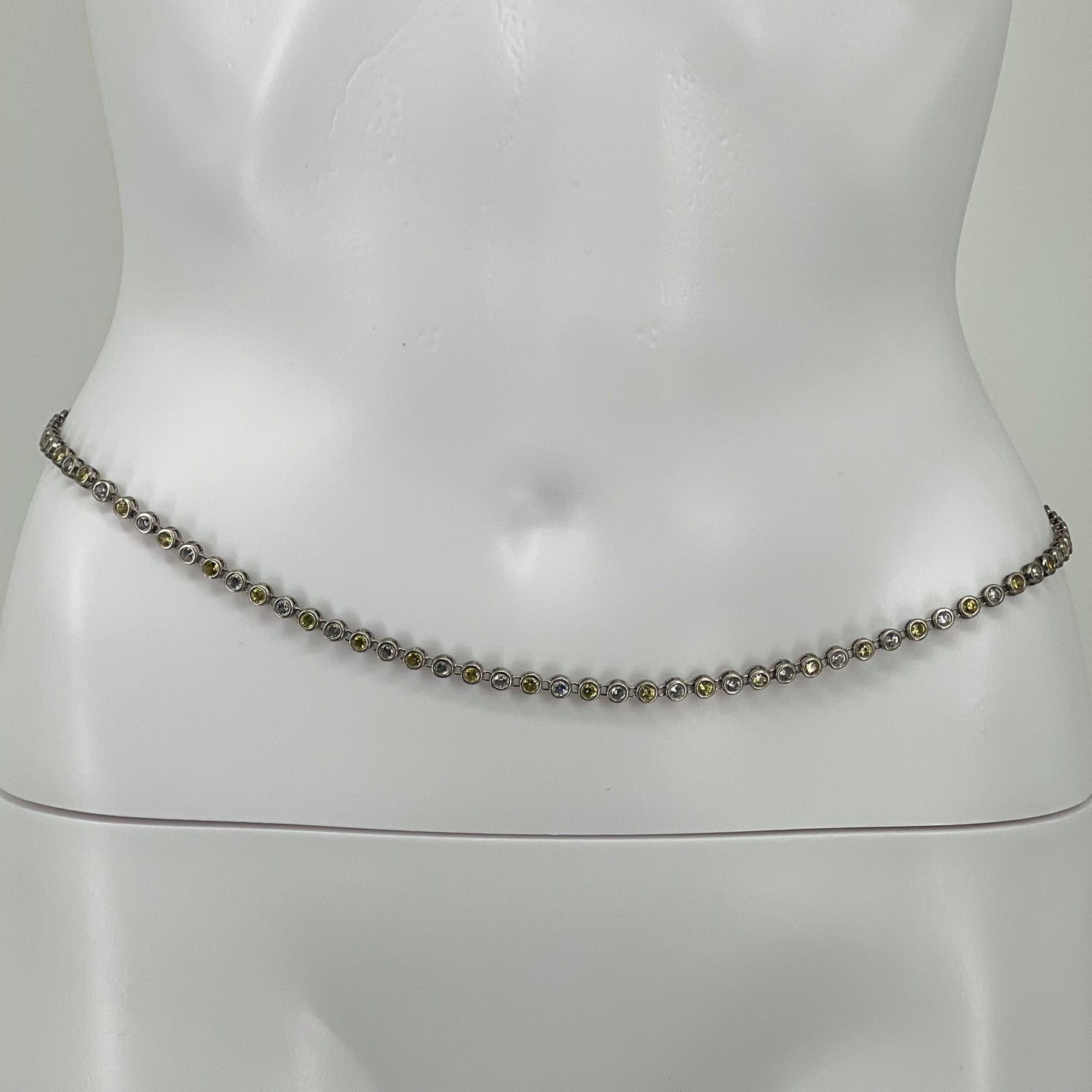 Vintage 925 Sterling Silver Belly Chain Belt Yellow / Clear Faux Gemstones 30 1/4” 46g