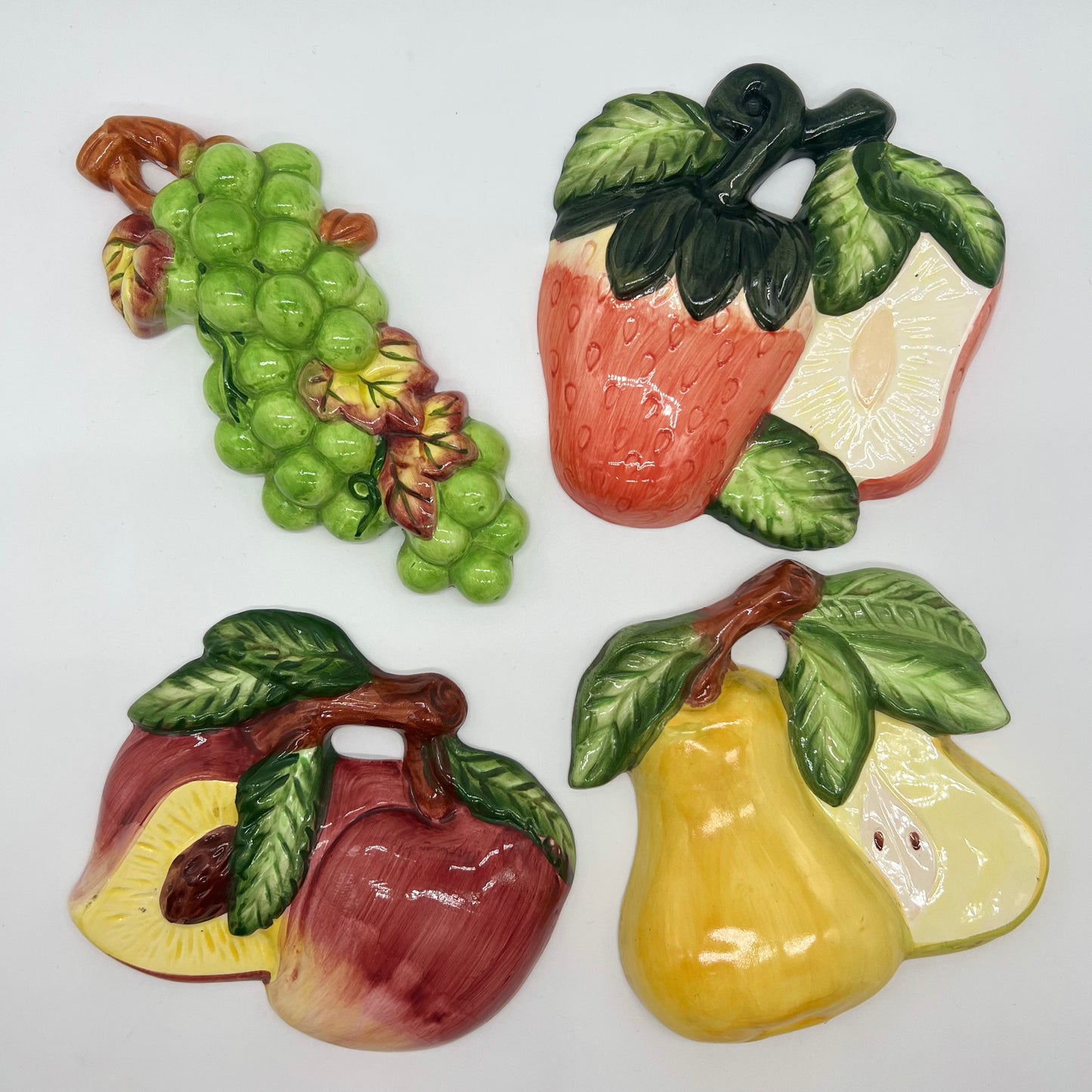 Vintage MCM Ceramic Wall Hanging Fruit Plaques, Set of 4 (Grape, Pear, Peach, Strawberry)