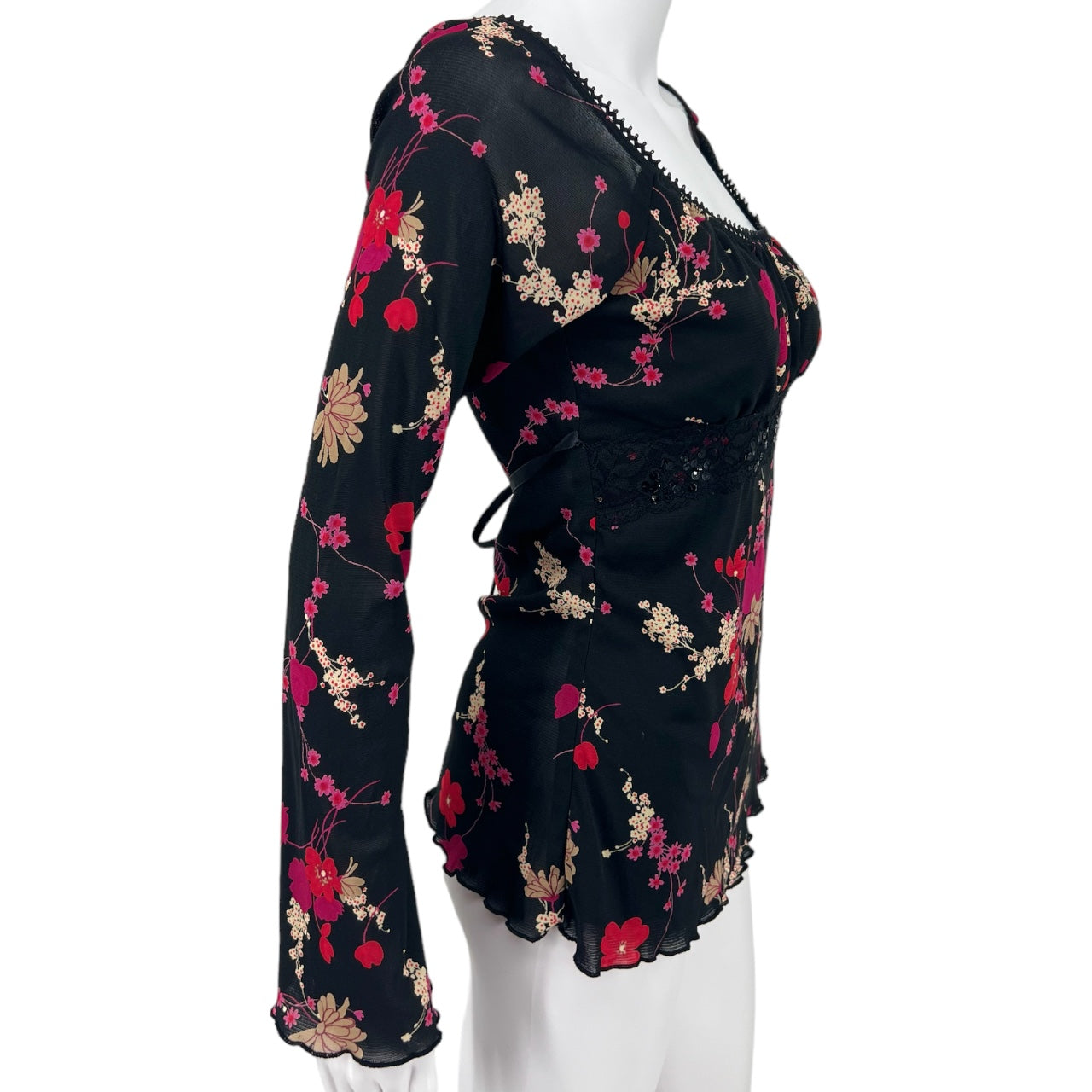 Vintage Y2K Micromesh Floral Black Blouse Black Lace Sequins Ruffle Hem Flared Sleeves S/M
