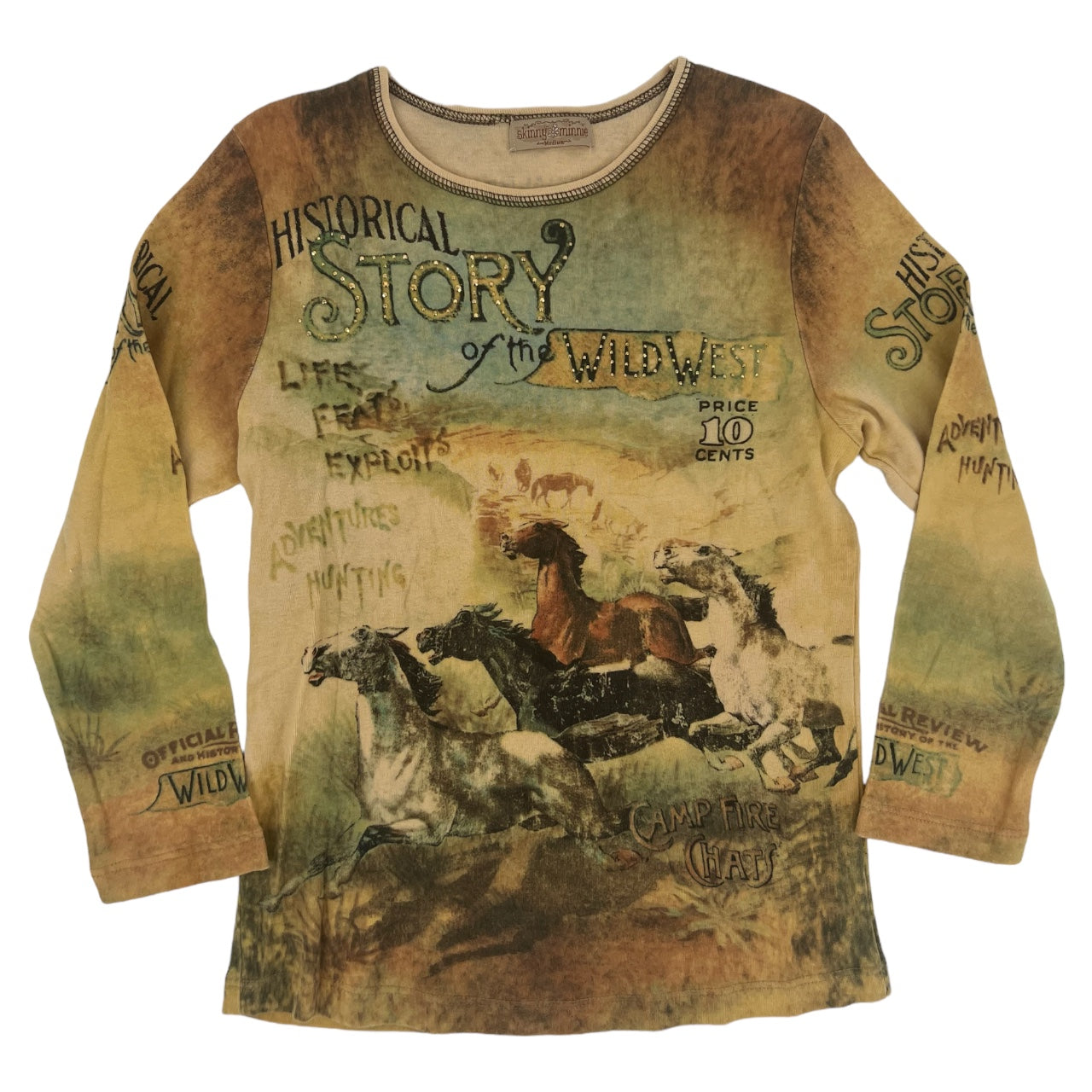 Vintage Y2K Skinny Minnie All Over Print Rhinestone Western Cowboy 3/4 Sleeve Shirt Sz: M