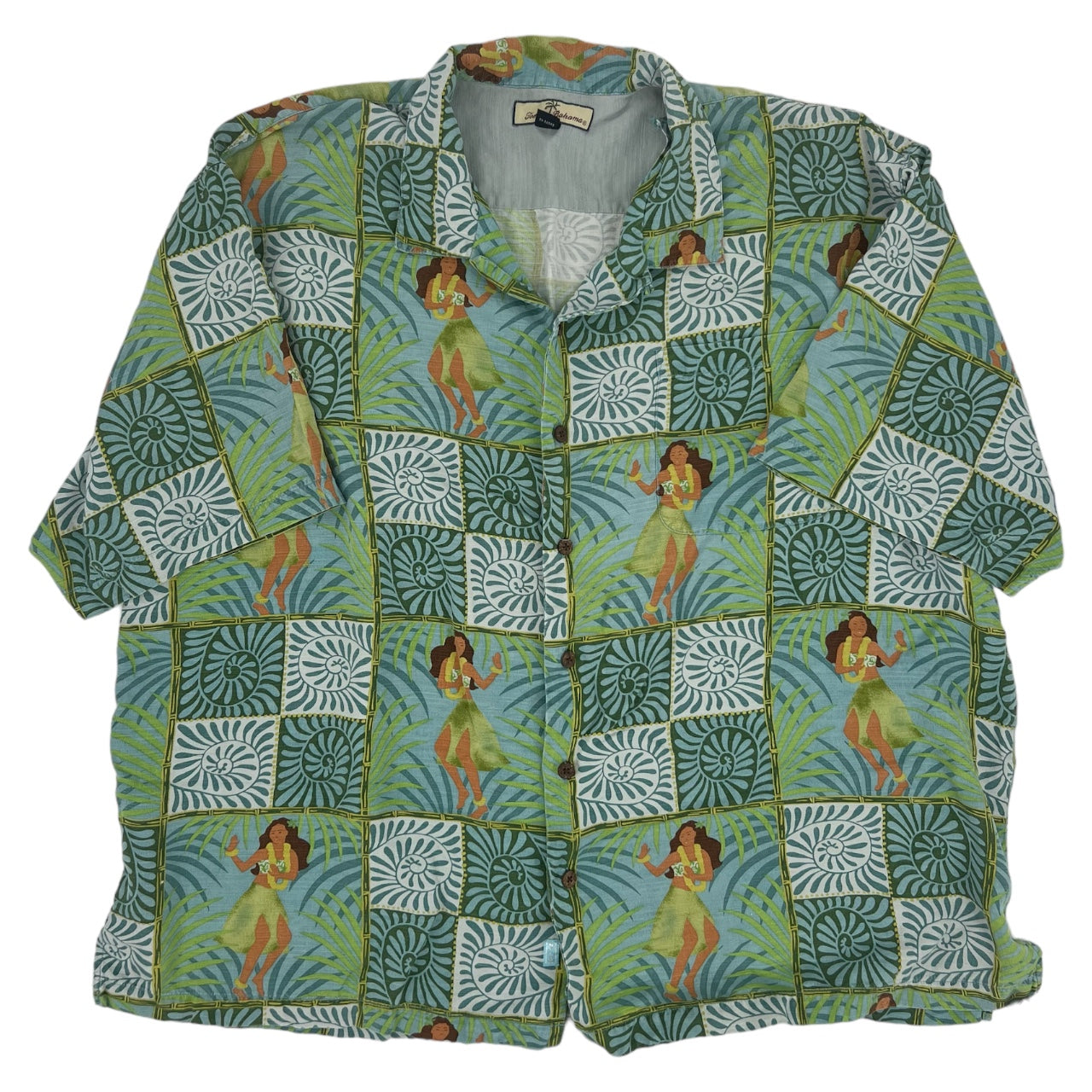 Vintage Tommy Bahama Green Hula Girl 100% Silk Hawaiian Button Up Shirt Men’s XXL