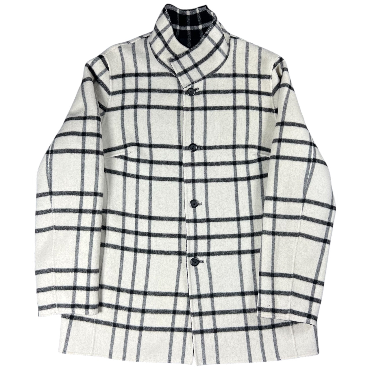 Pendleton Merino Wool Blend Black White Plaid Reversible Mid-Length Button Down Jacket Standing Collar Womens Med