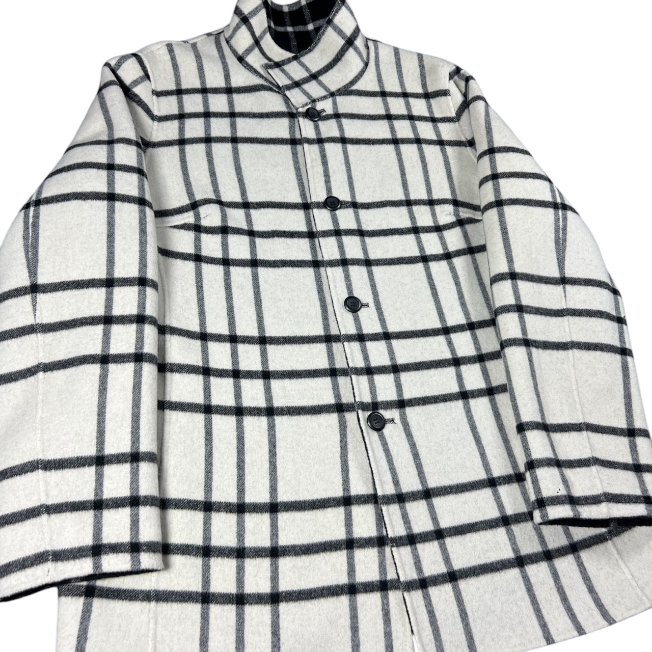 Pendleton Merino Wool Blend Black White Plaid Reversible Mid-Length Button Down Jacket Standing Collar Womens Med