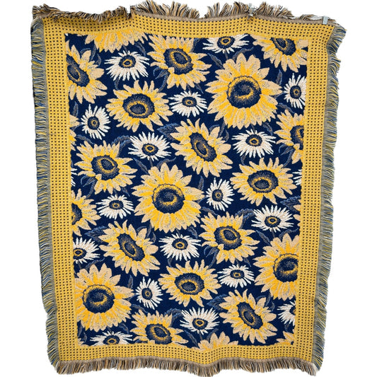 Vintage Yellow Blue Sunflower Floral Woven Afghan Throw Blanket 57” x 46”