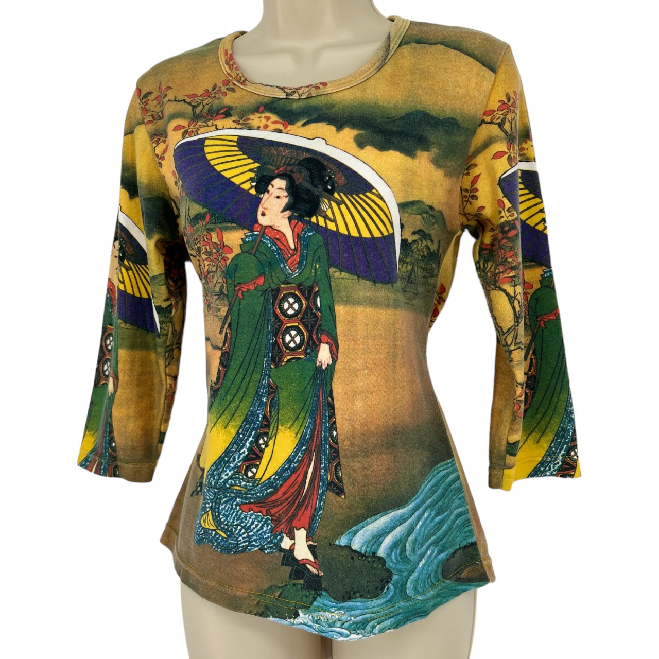 Breeke Hand Silk Screened Scoop Neck Geisha All Over Print 3/4 Sleeve Shirt Women’s M