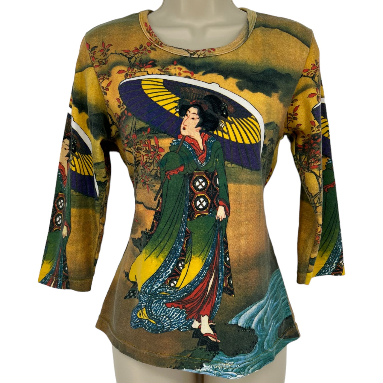 Breeke Hand Silk Screened Scoop Neck Geisha All Over Print 3/4 Sleeve Shirt Women’s M