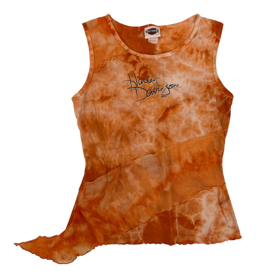 Y2K 00’s Harley Davidson Orange Tie Dye Tank Top Mesh Ruffle Detailing Sz: XL