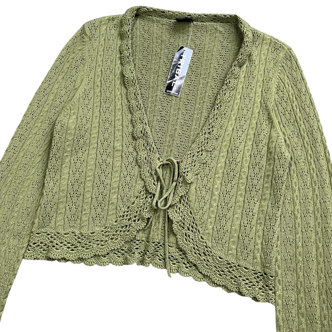 Vintage 90s Y2K Tribal Olive Green Longsleeve Crochet Cableknit Cardigan Acrylic Blend Women’s Large Deadstock NWT