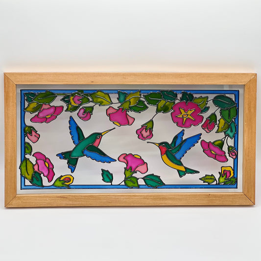 Hand Painted Faux Stained Glass Hummingbird Floral Display Wood Frame