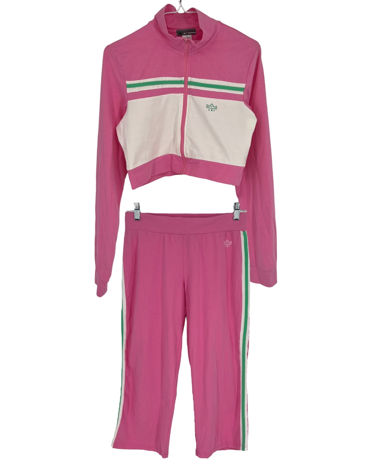 Vintage 90s Y2K LEI Pink Cropped Track Jacket / Running Jacket & Yoga Pant Capri Set Sz: M