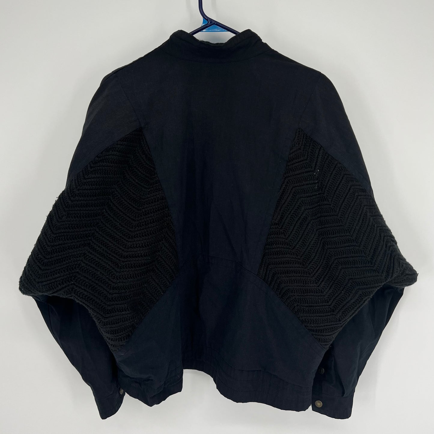 Vintage 80s Qui Qui Black Bomber Jacket Half Crotchet Knit Sweater Sz: M