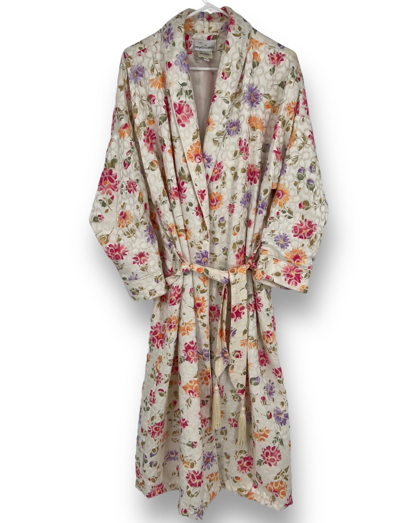 Vintage Georgette Trabolsi Neiman Marcus Ivory Floral Embroidered Duster Robe Coat Sz: L