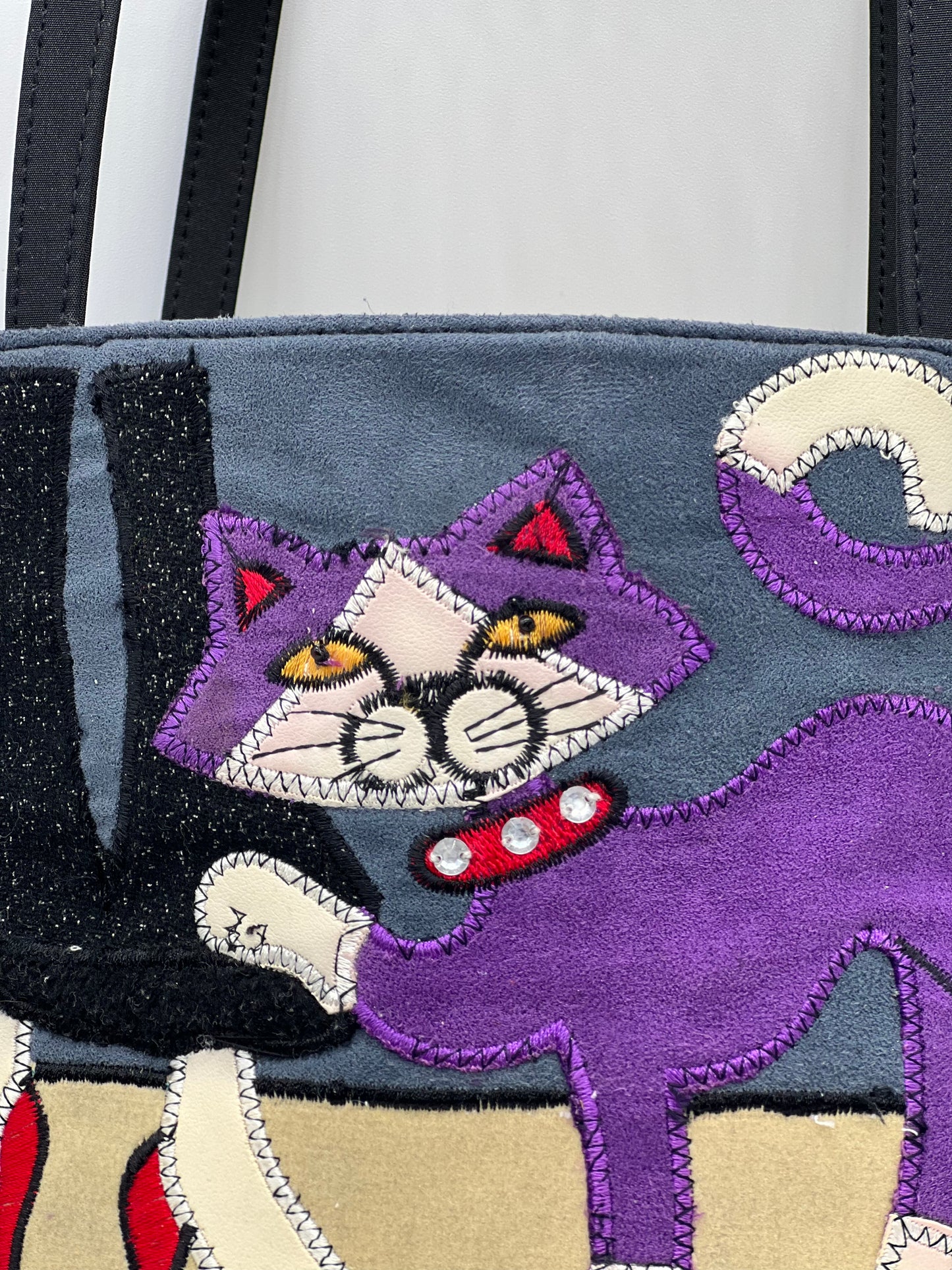 Vintage Mini Faux Suede Patchwork Cat Embroidered Beaded Handbag