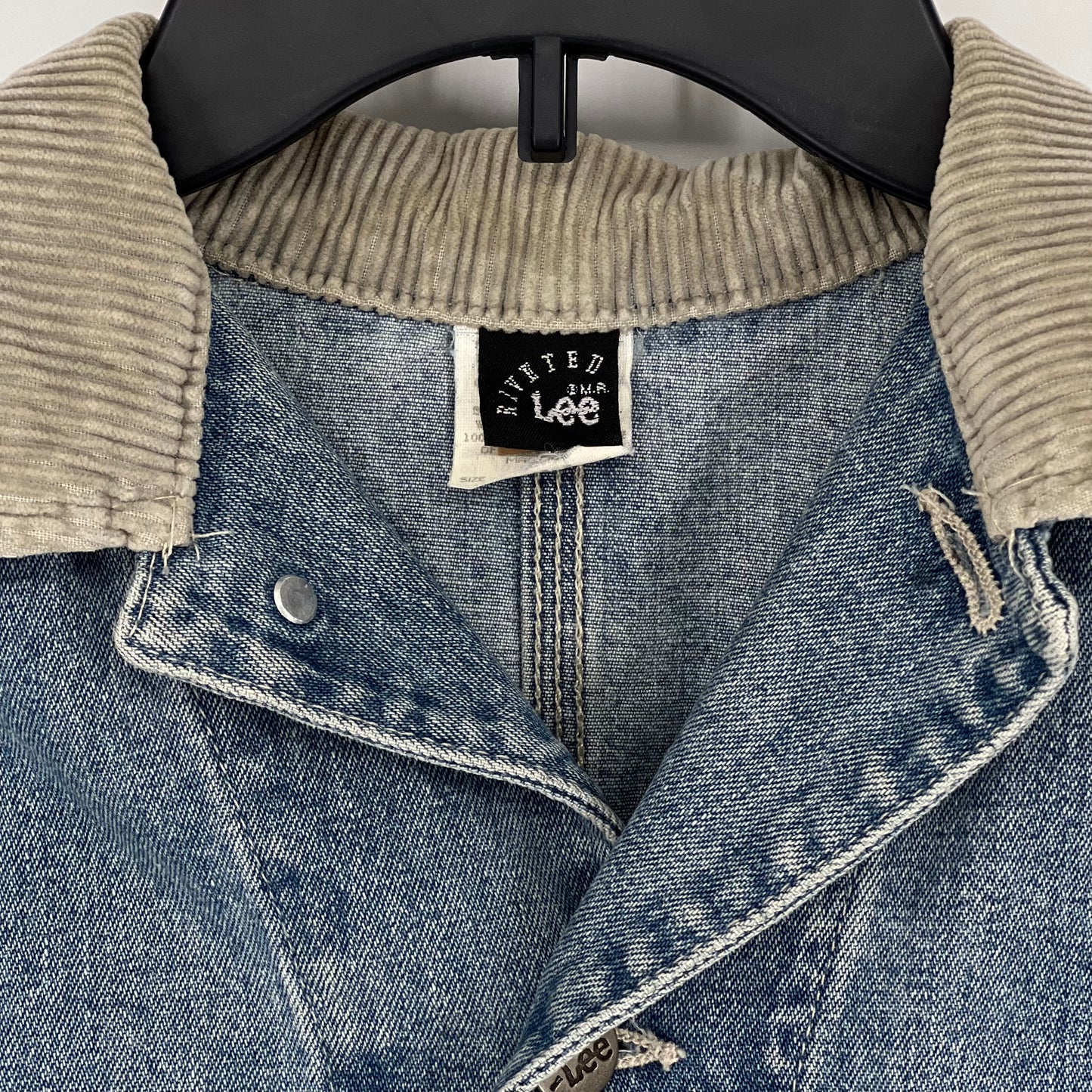 Vintage Lee Riveted Denim Jacket Gray Corduroy Collar Sz: L