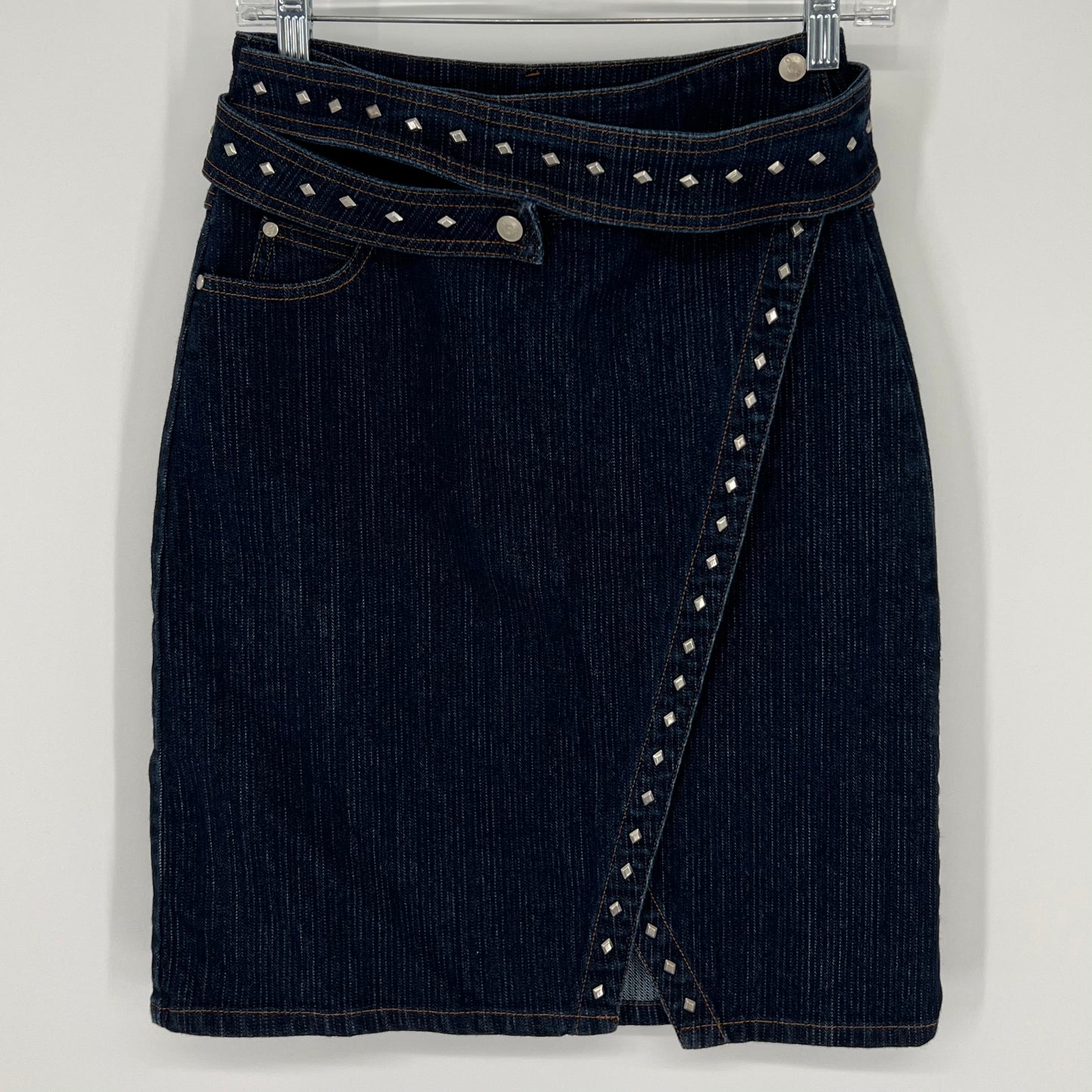 Vintage 90s Y2K Fubu “Fatty Girl” Studded Darkwash Denim Wrap Around Knee Length Belted Skirt Sz: 5/6