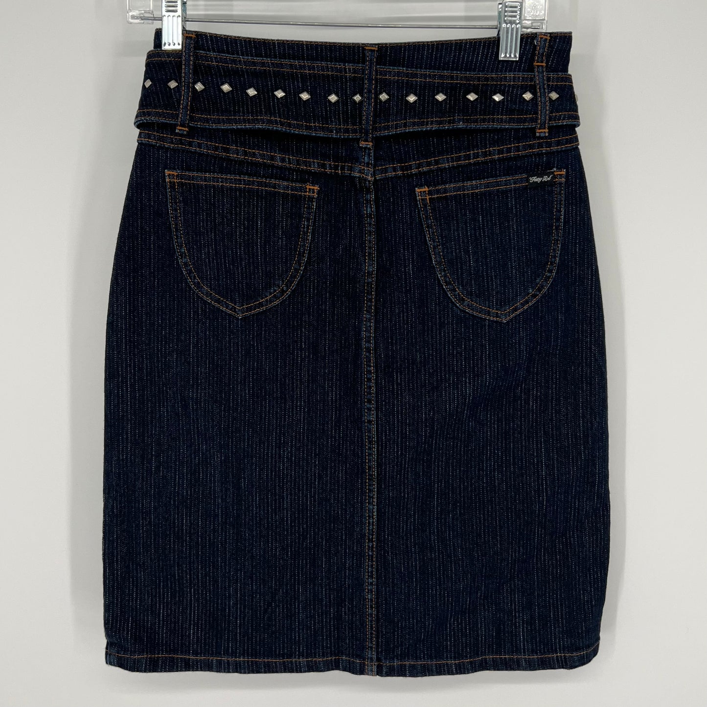 Vintage 90s Y2K Fubu “Fatty Girl” Studded Darkwash Denim Wrap Around Knee Length Belted Skirt Sz: 5/6