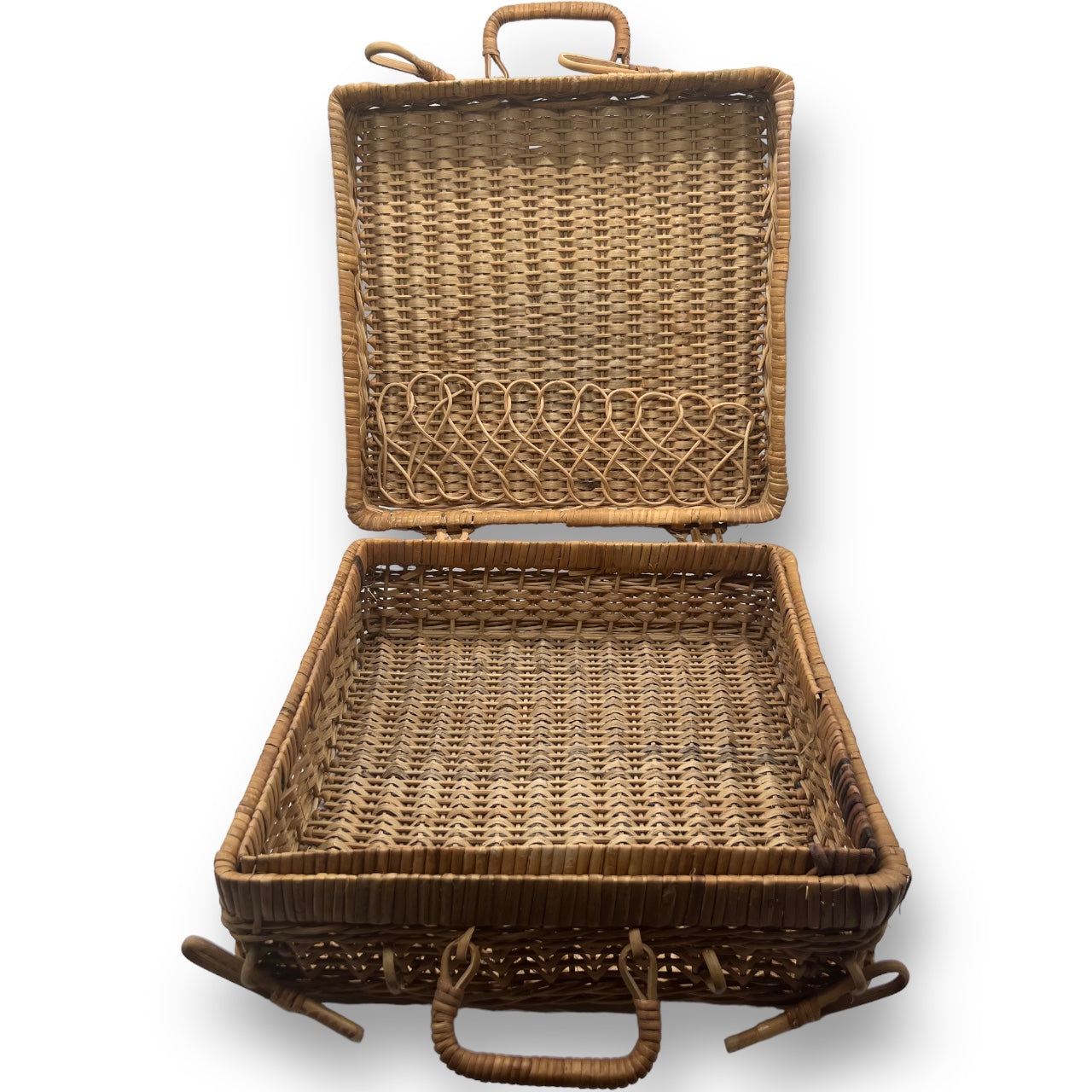 Vintage Handmade Woven Picnic Wicker Basket Briefcase Made in Hong Kong - Set of 2