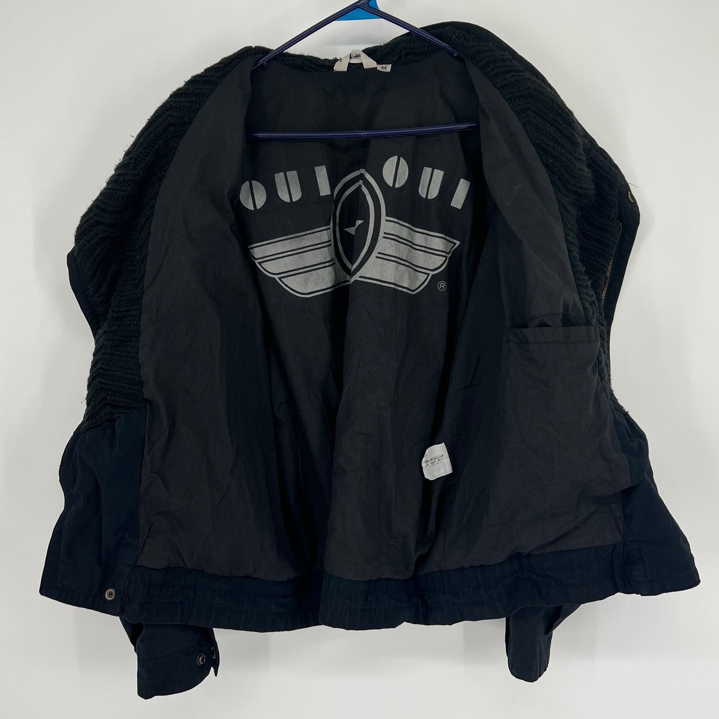 Vintage 80s Qui Qui Black Bomber Jacket Half Crotchet Knit Sweater Sz: M