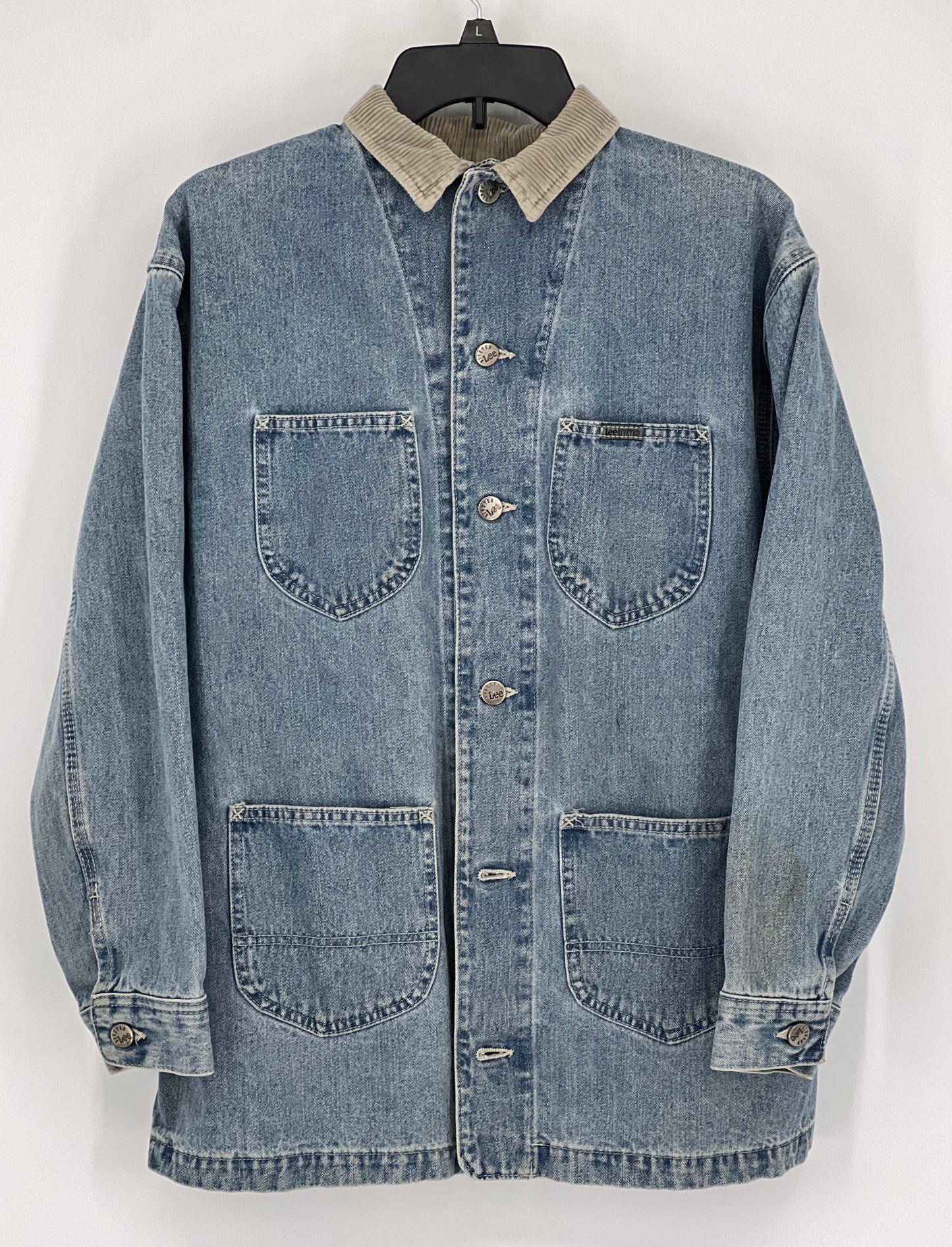 Vintage Lee Riveted Denim Jacket Gray Corduroy Collar Sz: L