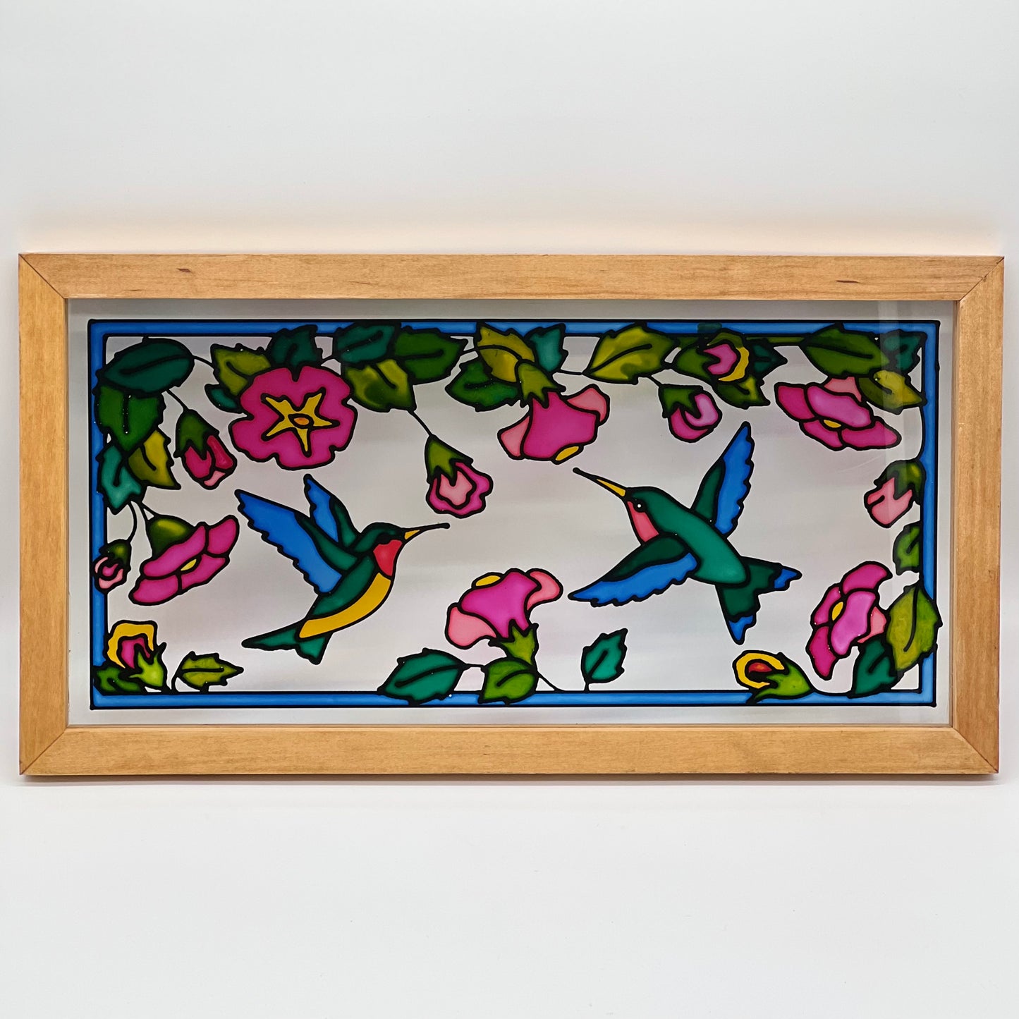 Hand Painted Faux Stained Glass Hummingbird Floral Display Wood Frame