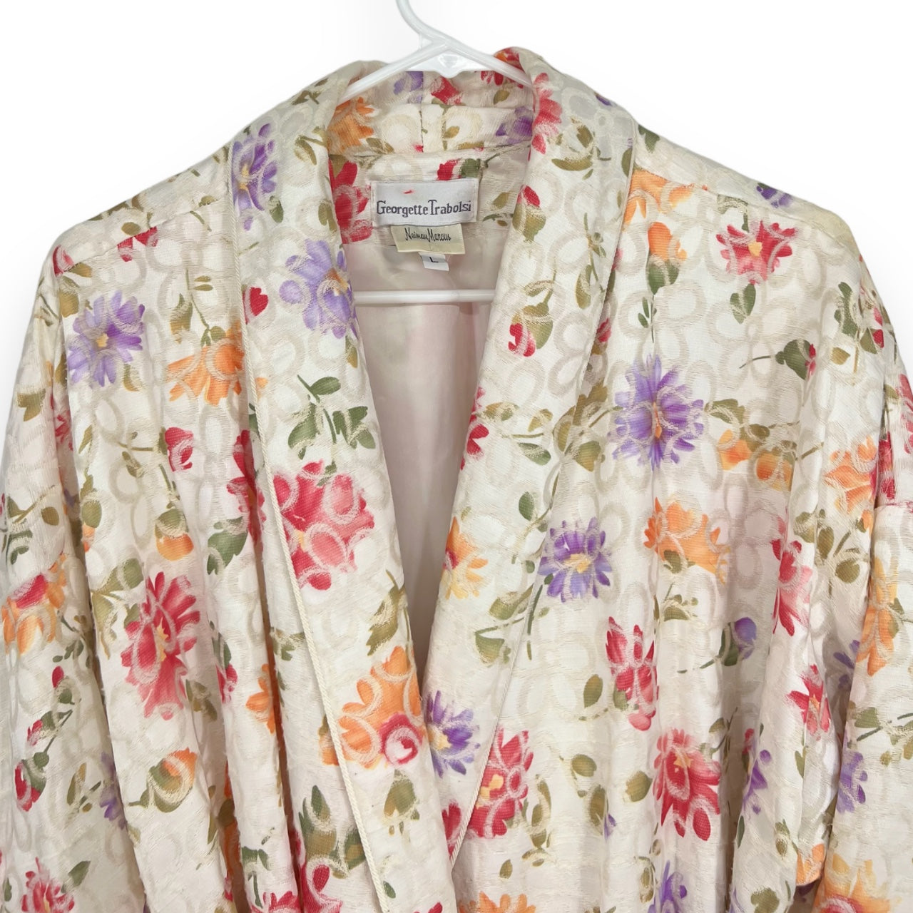 Vintage Georgette Trabolsi Neiman Marcus Ivory Floral Embroidered Duster Robe Coat Sz: L