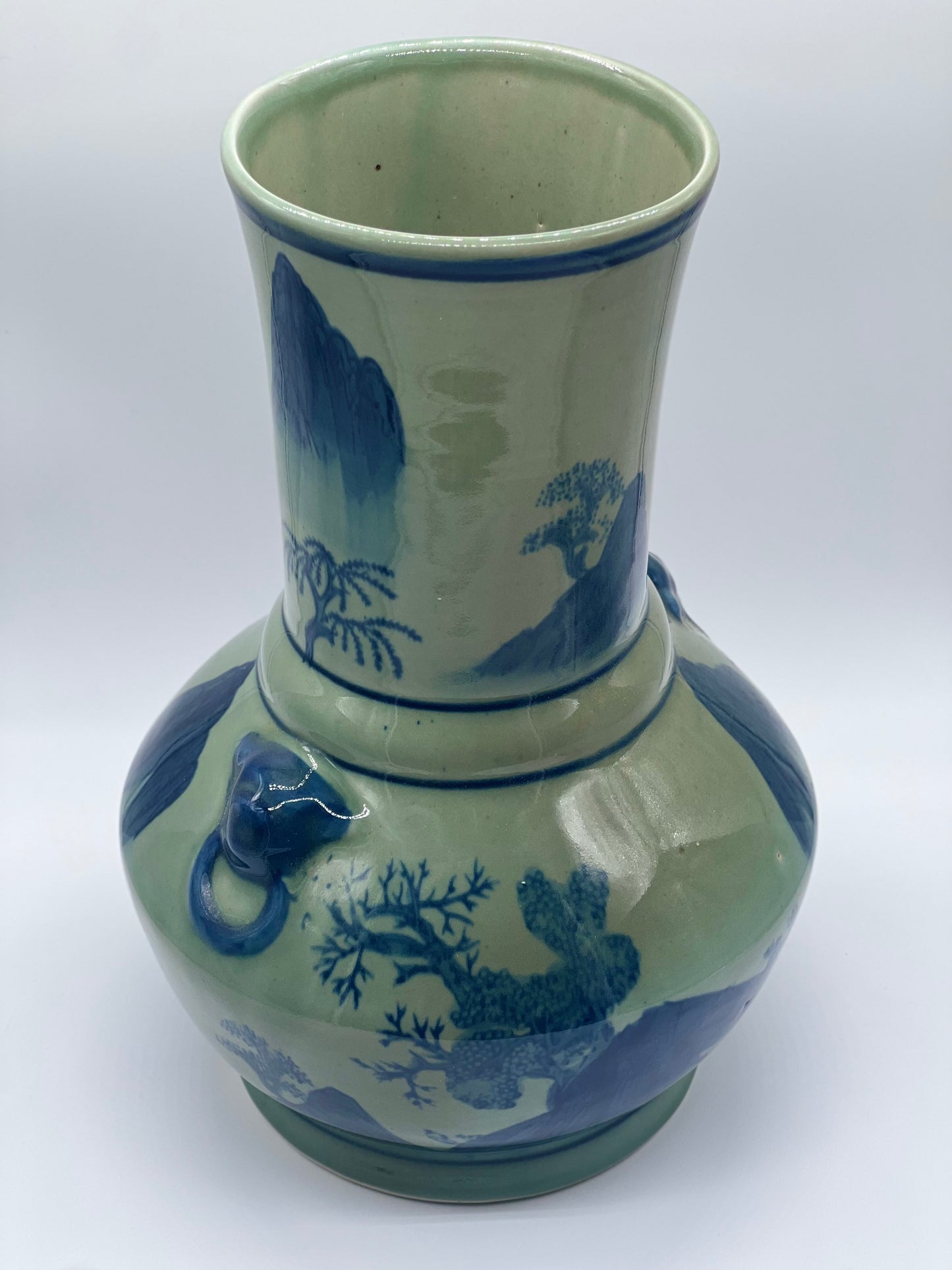 Vintage Ceramic Chinese Lions Celadon & Blue Vase 13”