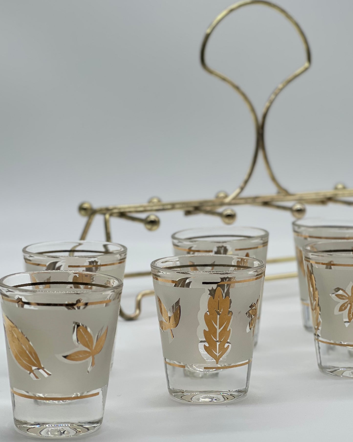Vintage Mid-Century Golden Foliage Liquor Shot Glasses & Serving Caddy - Set of 8