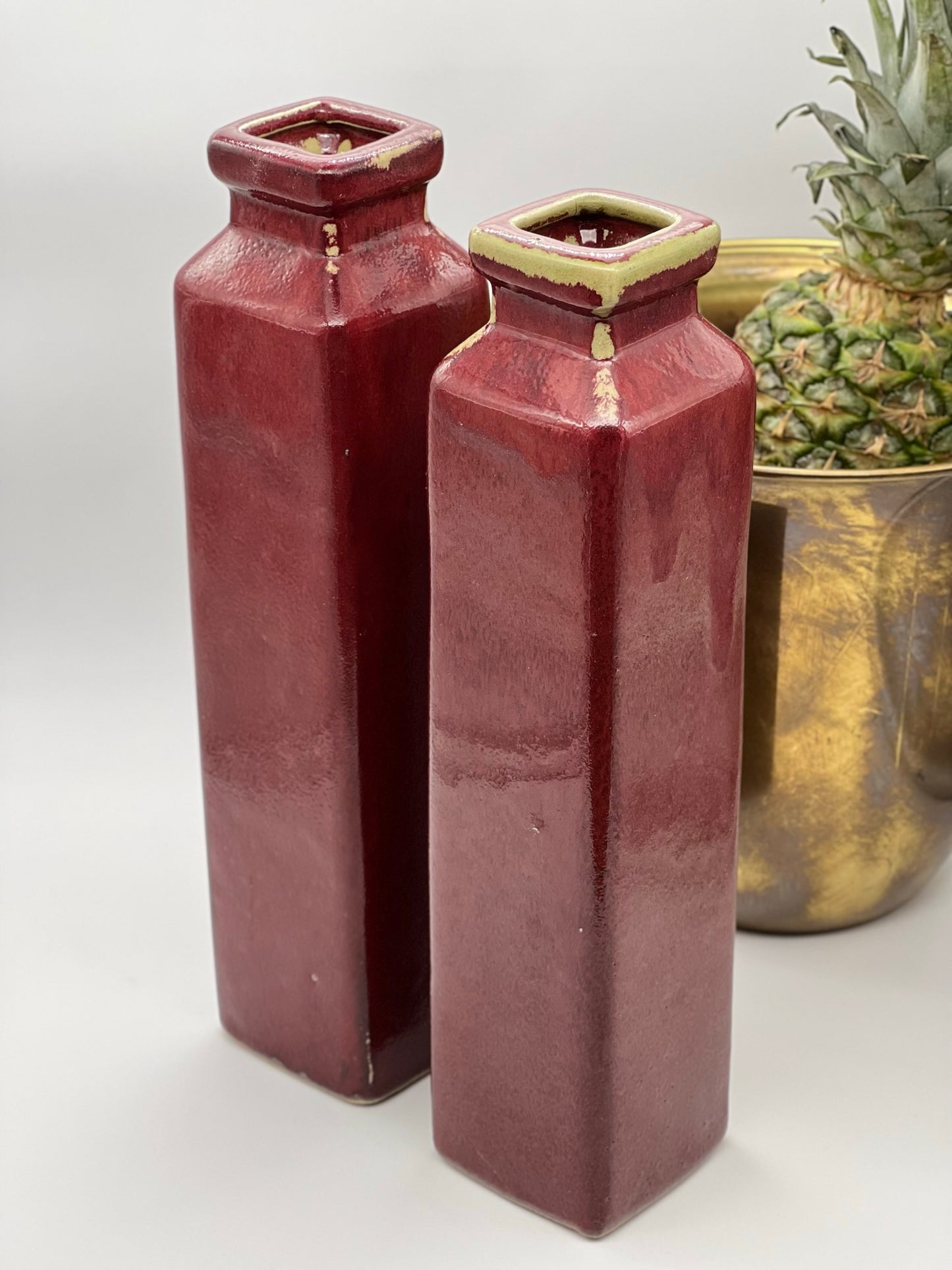Vintage Chinoiserie Mid Century Oxblood Flambé Vases - Pair of Two