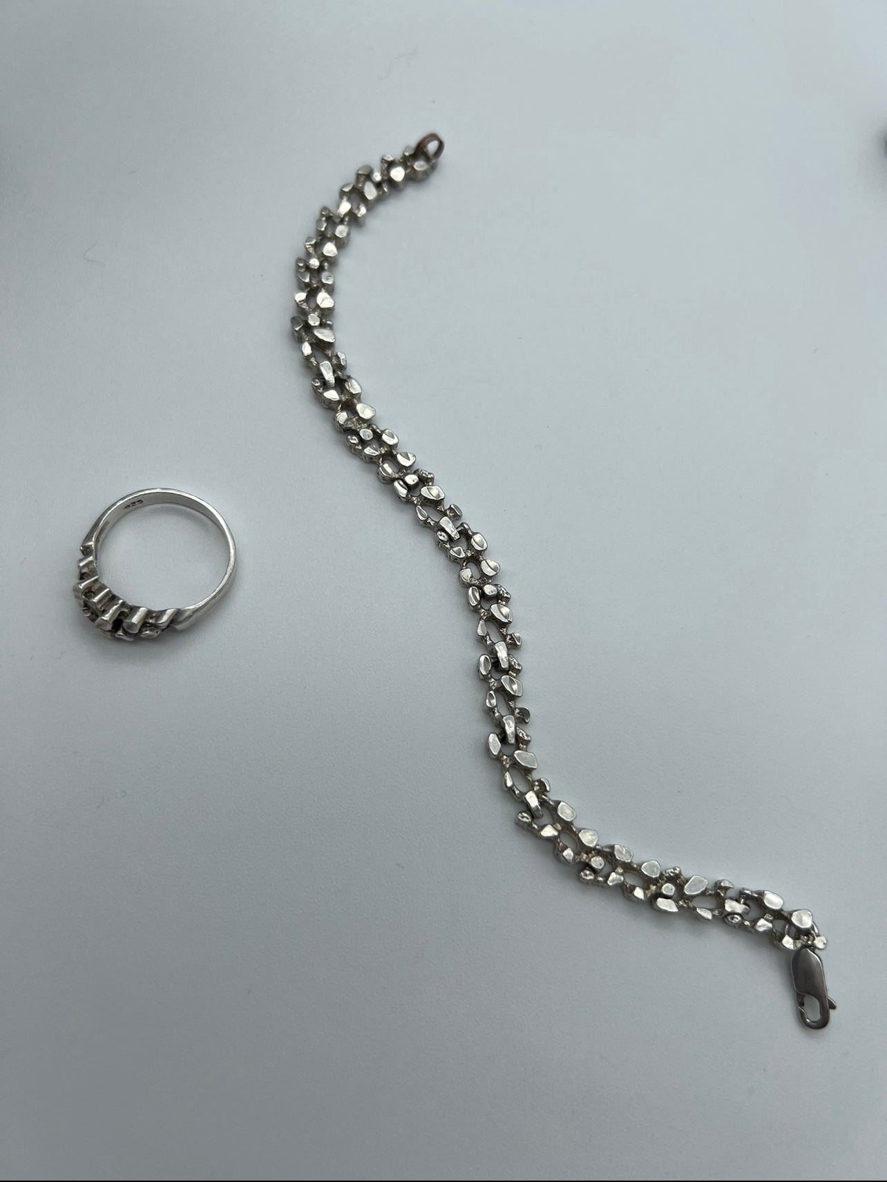 Vintage 925 Brutalist Sterling Silver Bracelet & Ring Sz: 9 1/4