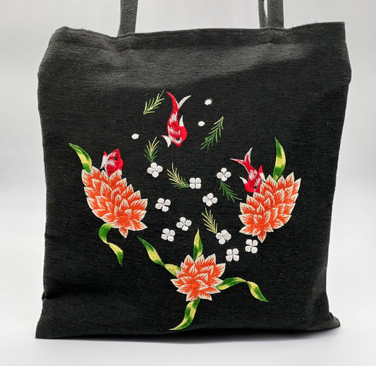 Lotus and Koi Embroidered Black Fabric Shopping Tote