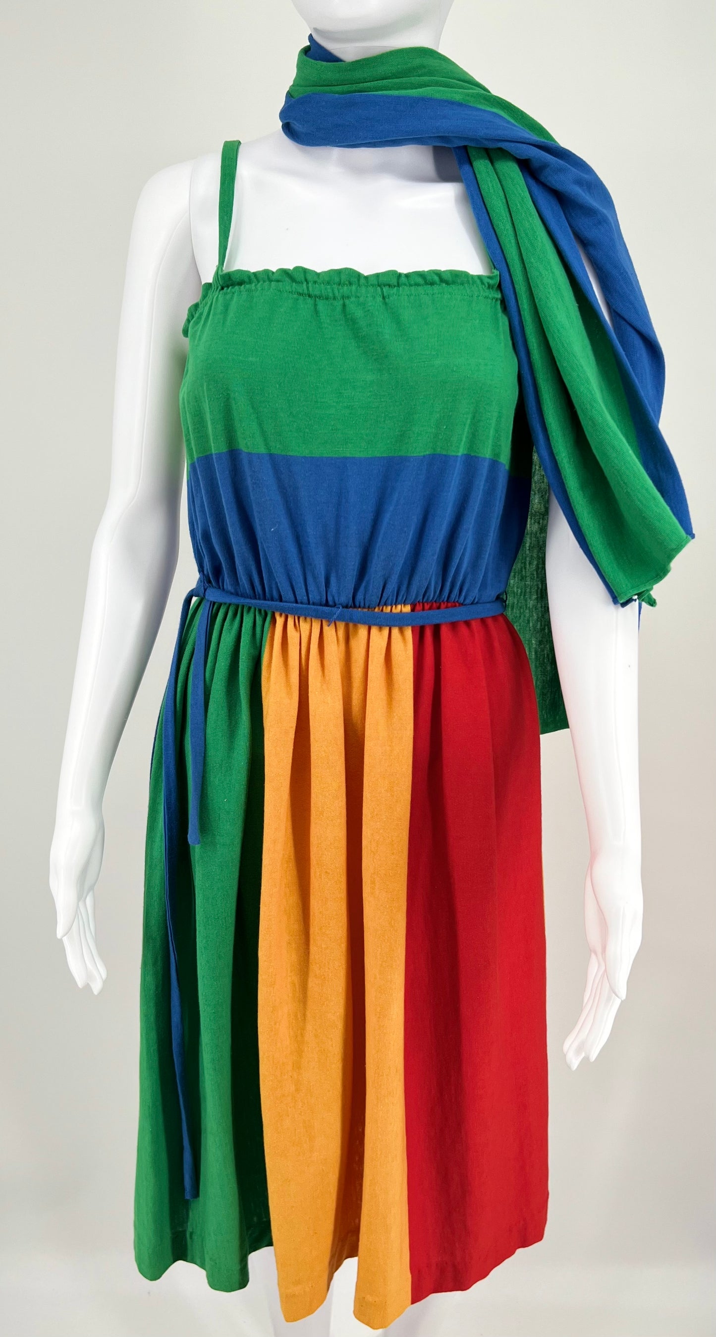 Vintage 80s Caron Chicago Abstract Colorblock Spaghetti-Strap Dress with Matching Scarf (Blue / Green / Yellow / Red) WOMENS S/M
