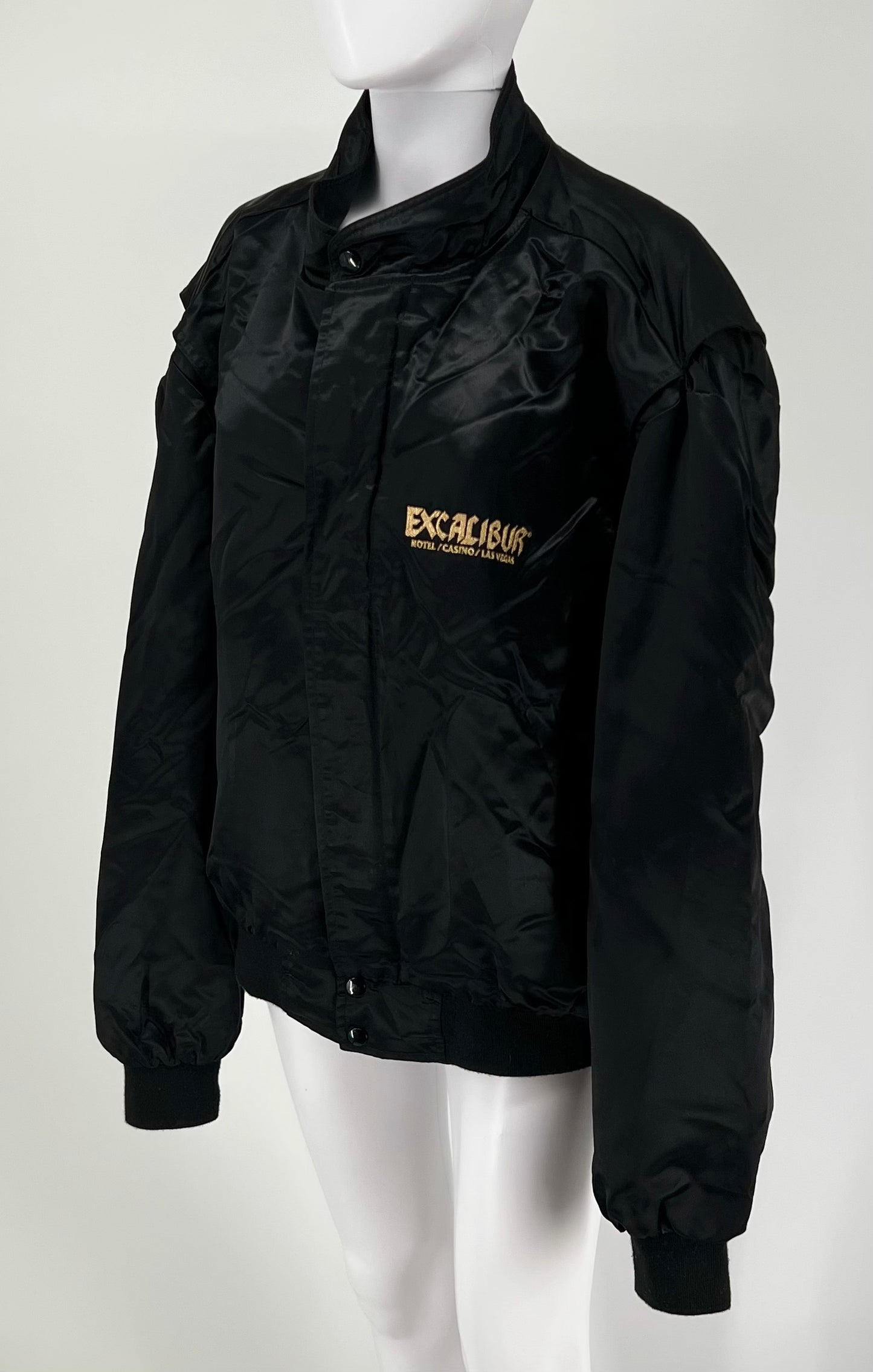 Vintage 1990s “Master Apparel Products” Excalibur Las Vegas Black Satin Casino Bomber Jacket / Snap Button / Souvenir Jacket / Made In USA / Streetwear | Sz: XL