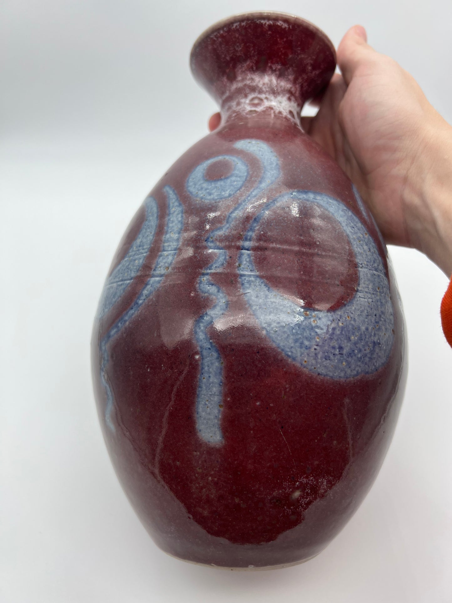 10.5” Artisan-Signed, Hand-Painted Bottleneck Vase, Signed C. Thompson (Burgundy/Blue/White)