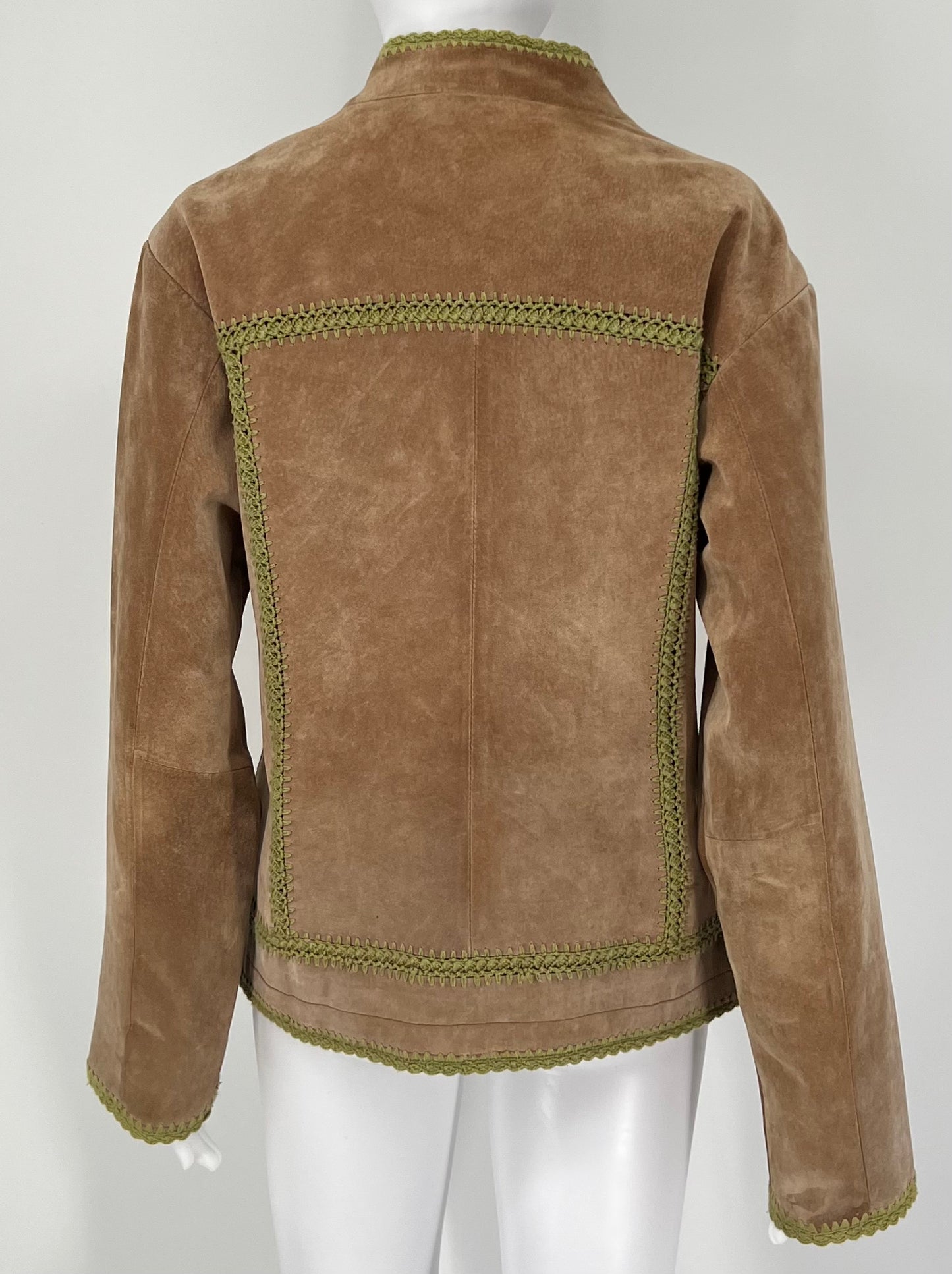 Cabelas Suede Leather Jacket with Green Crotchet Braided Detailing Trim | Sz: M