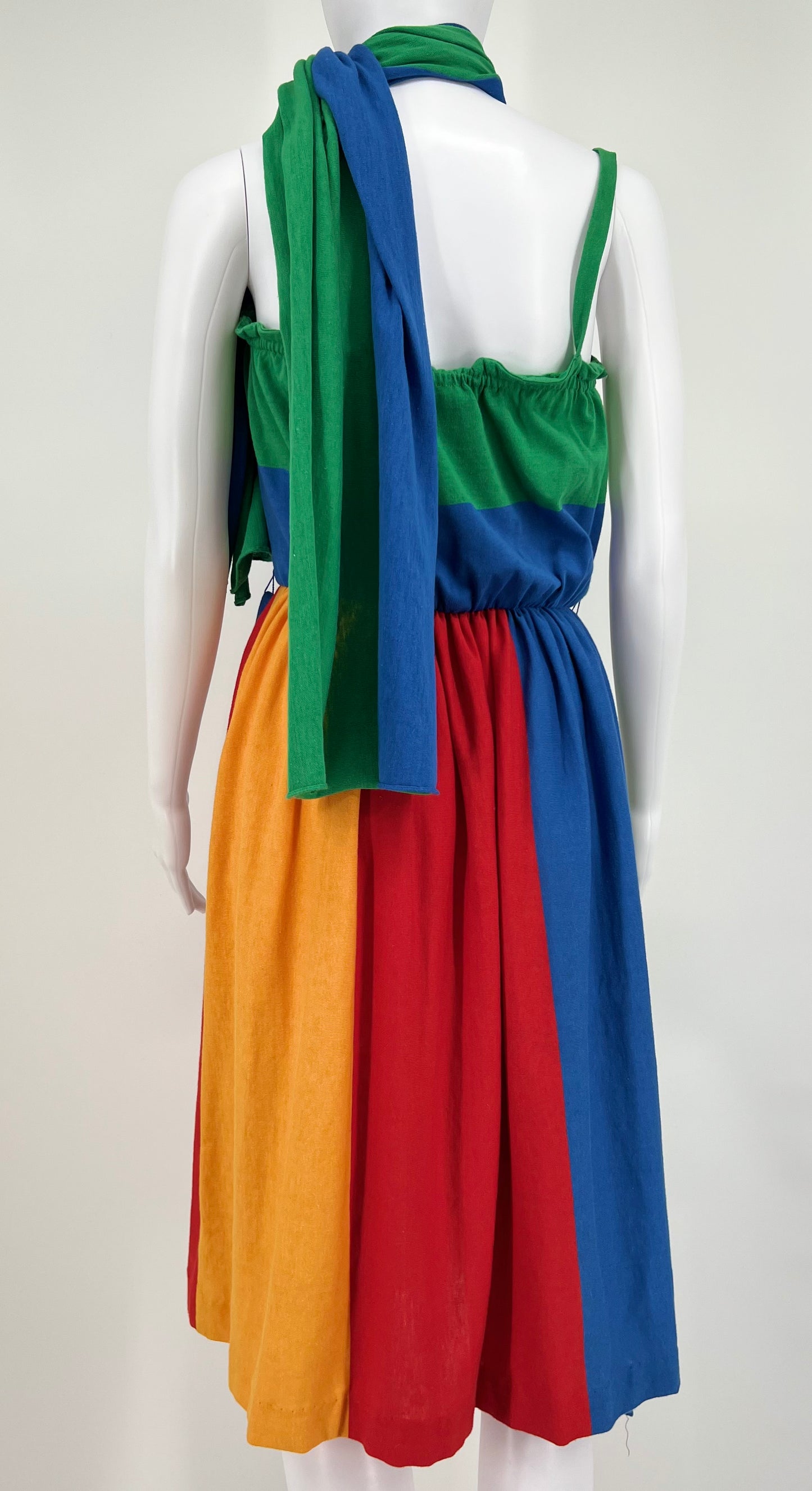 Vintage 80s Caron Chicago Abstract Colorblock Spaghetti-Strap Dress with Matching Scarf (Blue / Green / Yellow / Red) WOMENS S/M